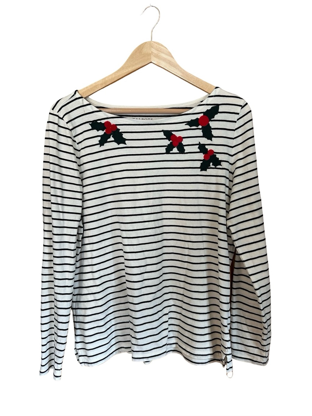 Talbots Holly Berry Holiday Striped Cotton Tee Sz M - Picture 2 of 5